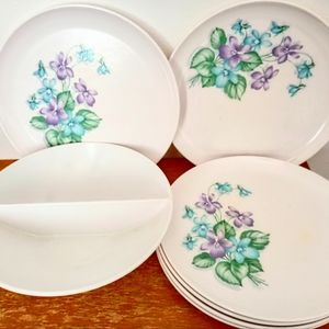 Royalon Melmac Florals blue and purple Violets 9" Dinner Plates Vintage set